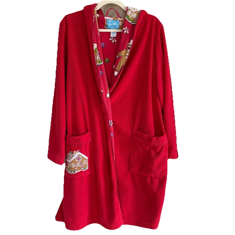 Nick & Nora Hooded Robe S/M Red Fleece Gingerbread House Christmas Holiday *Read